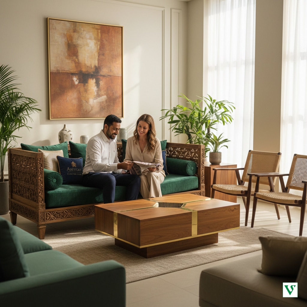 Premium solid wood furniture from India featuring handcrafted acacia and mango wood dining sets for international export.