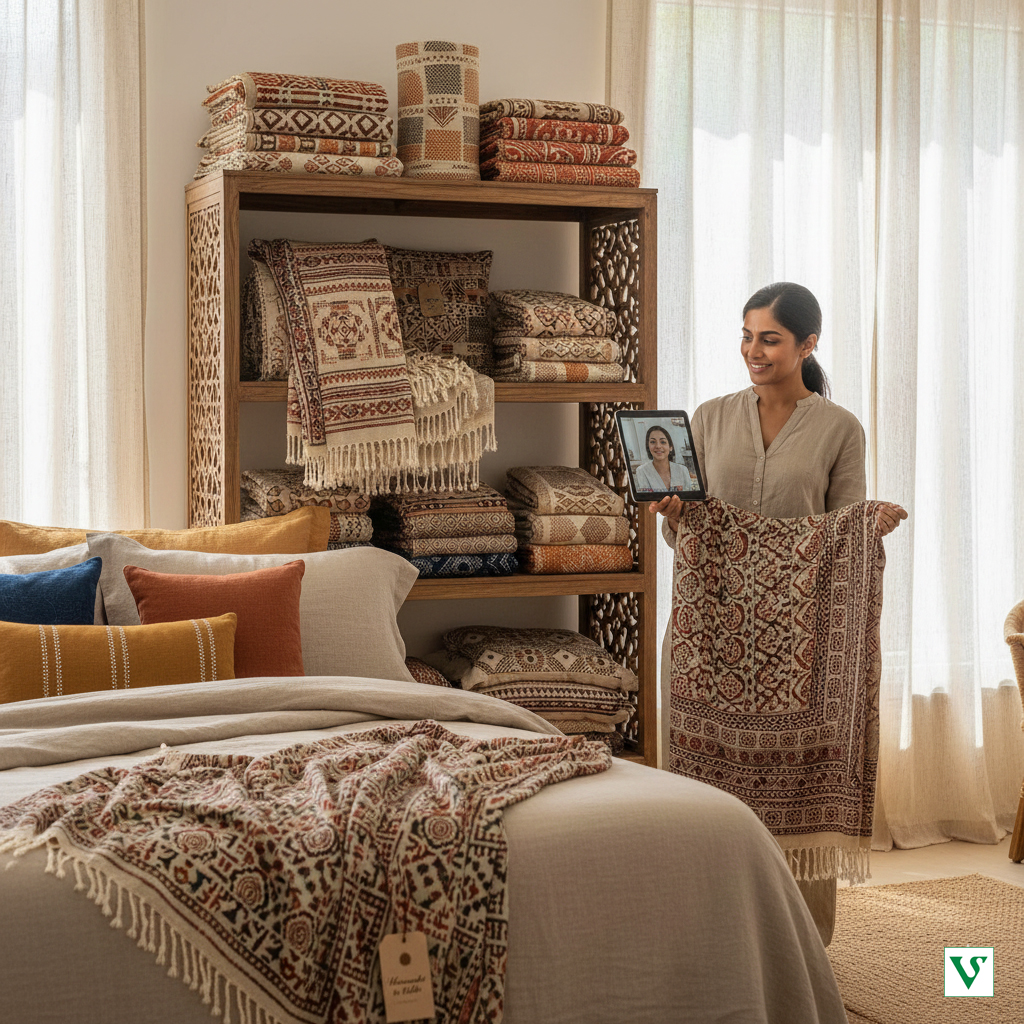 Premium home textiles from India including organic cotton bedding, handcrafted linen cushions, and woven throws for export.