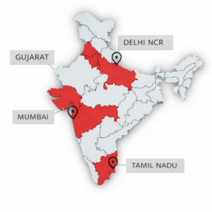 India map highlighting major sourcing and manufacturing clusters including Delhi NCR, Gujarat, Mumbai region, and Tamil Nadu.