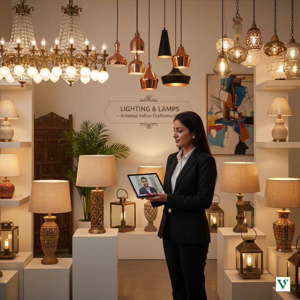 Designer lighting from India featuring industrial pendant lamps, handcrafted brass table lamps, and artisanal glass light fixtures for global export.