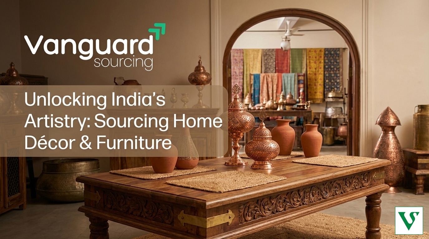 Vanguard Sourcing logo overlaid on handcrafted Indian home décor, brassware from Moradabad, and solid wood furniture from Jodhpur.