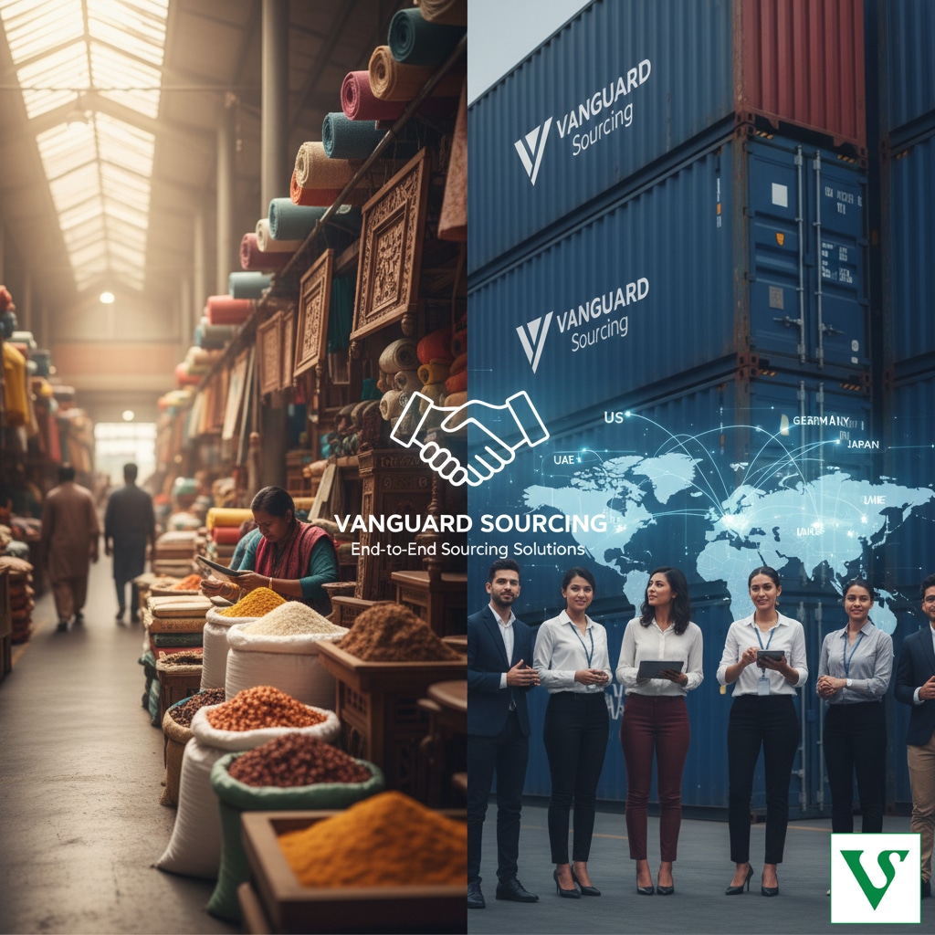 Sourcing Agent in India providing End-to-End Sourcing Solutions; split image featuring vibrant Indian market with Home Textiles and Spices on the left, and Vanguard Sourcing team in front of blue shipping containers with a global map connecting countries for export logistics on the right.
