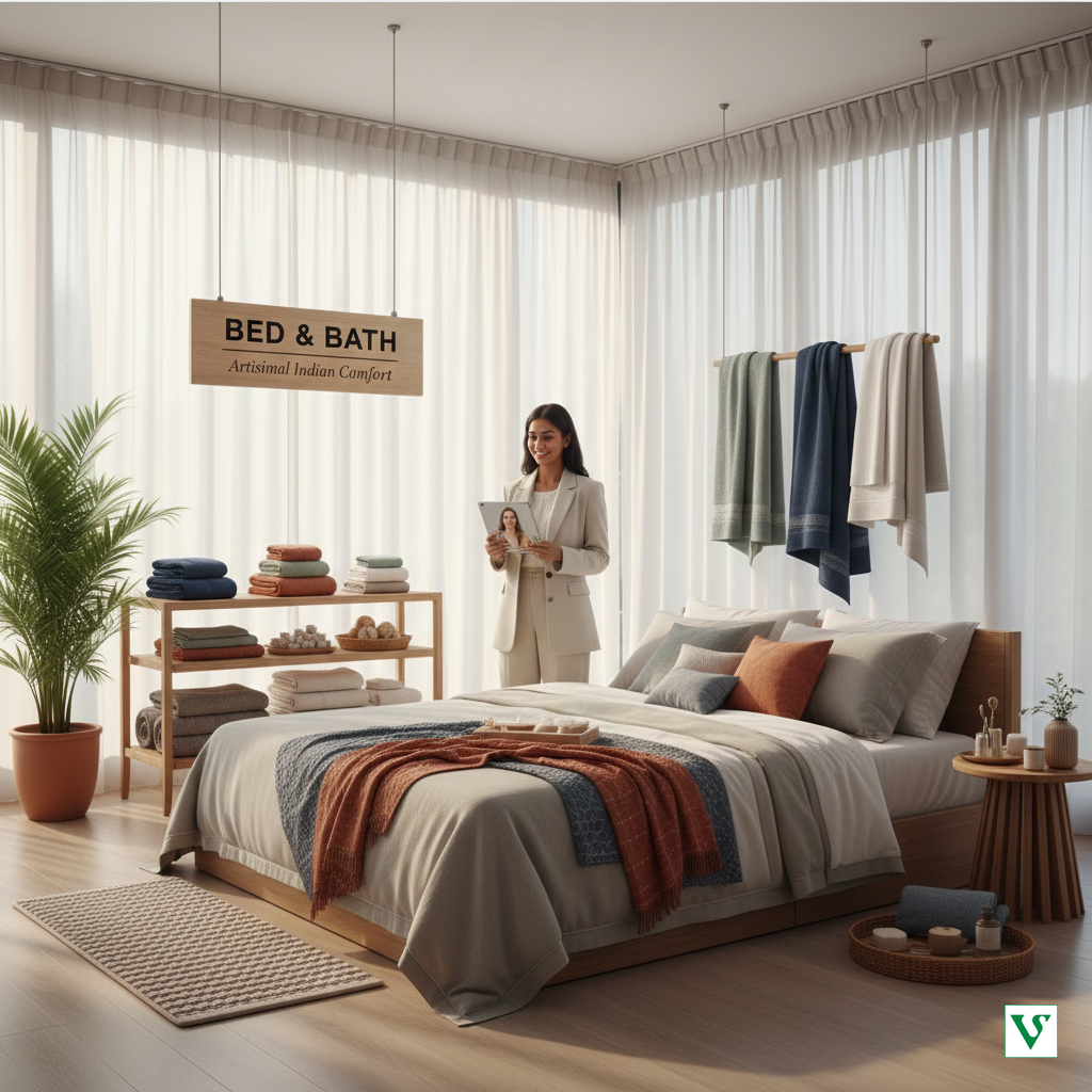 Premium Bed and Bath collection from India featuring high-thread-count organic cotton sheets, plush hotel-quality towels, and sustainable bathroom accessories.