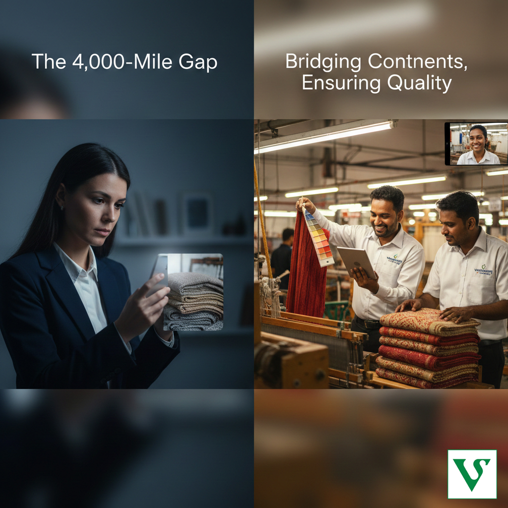 A buying agent in India inspecting high-quality textile throws at a manufacturing unit for an international retailer, representing premium product sourcing in India.