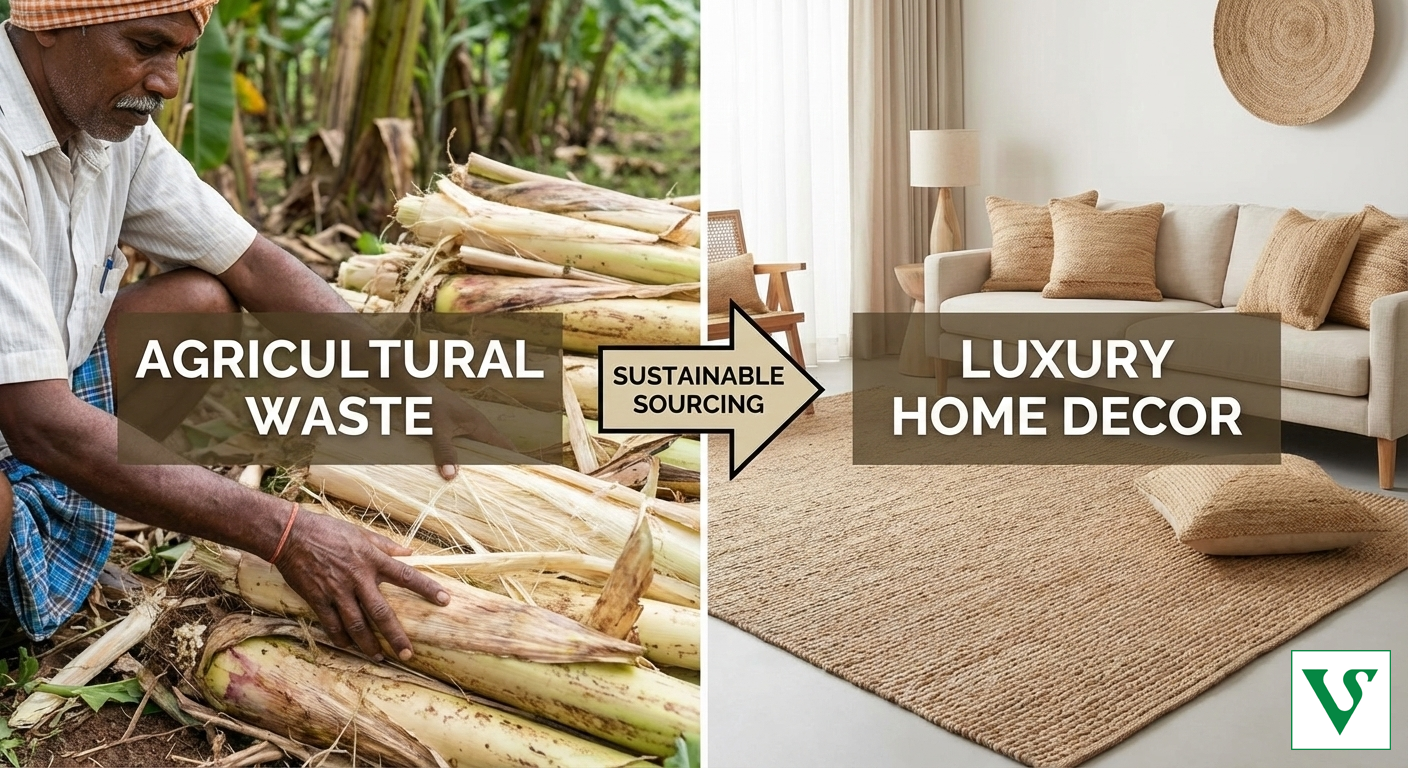Raw agricultural banana fiber transforming into luxury woven home decor rugs, representing sustainable product sourcing in India by a buying agency in Delhi.